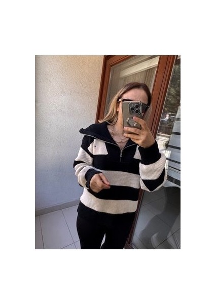 Butikmayamoda Cizgili Yarim Fermuarli Triko Kazak modelleri