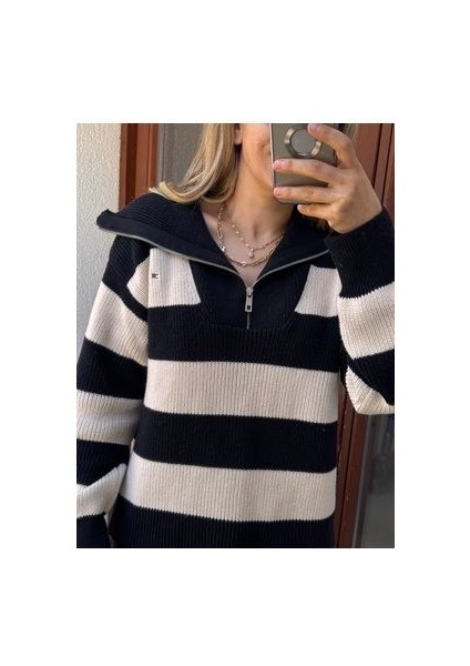 Butikmayamoda Cizgili Yarim Fermuarli Triko Kazak fırsatları