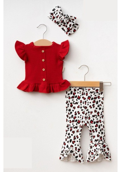 Kız Bebek Leopar Desenli Kolları Volanlı Bandanalı 3'lü Takım