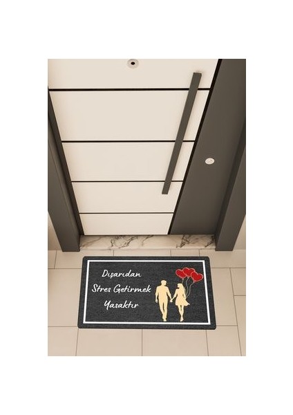 Yüksek Kaliteli Dijital Baskı Siyah, Kalpli Balonlu Çift Temalı Kapı Önü Paspası