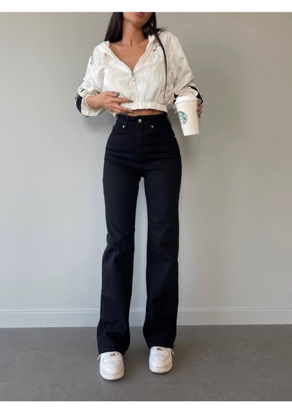 Chriss Kadın Salaş Solmayan Siyah Süper Yüksek Bel 90's Wide Leg Comfort Likralı Palazzo