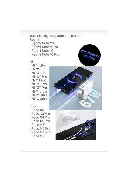 Tybe-C Xiaomi Redmi Note /9 /10 /11 /12 /14 67W (Watt) Şarj (Kablo ) 67W Şarj Aleti Cihazı