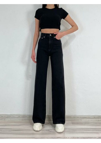 Leo Penelope Alessia Likralı Kadın Siyah Süper Yüksek Bel Salaş Paça Denim Kot Palazzo Pantolon modelleri