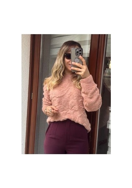 Butikmayamoda Somon Rengi Sim Detayli Triko Kazak