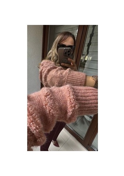 Butikmayamoda Somon Rengi Sim Detayli Triko Kazak fırsatları