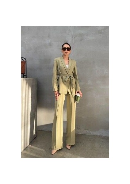 Kadın Ikili Kuşaklı Blazer Ceket Pantolon Takım modelleri