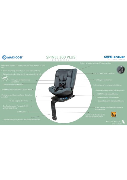 Spinel 360 Plus i-Size Dijital Göstergeli Dönebilen Yatabilen Isofix'li 0-36 kg Oto Koltuğu Authentic Black modelleri