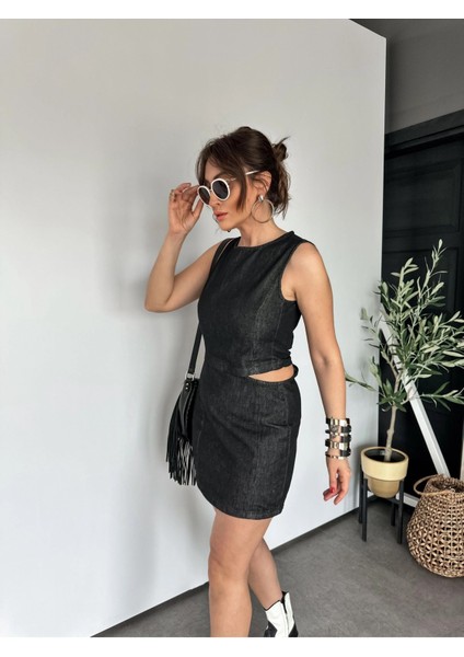 Klein Kadın Beli Pencere Detaylı Kolsuz Kısa Kot Elbise indirimleri