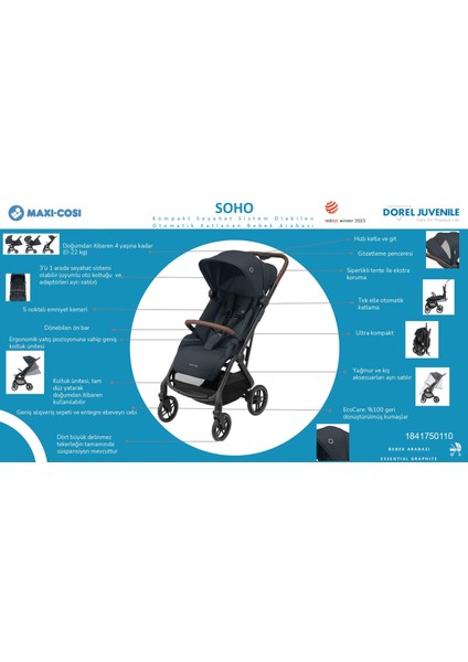 Soho Kompakt Seyahat Sistem Olabilen Otomatik Katlanan Bebek Arabası Essential Green