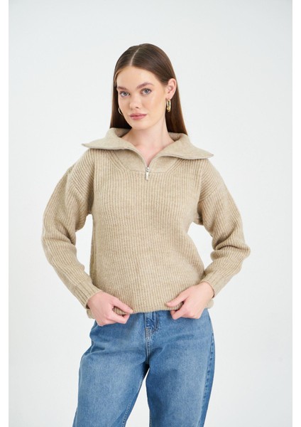 Fermuarlı Triko Kazak-Bej