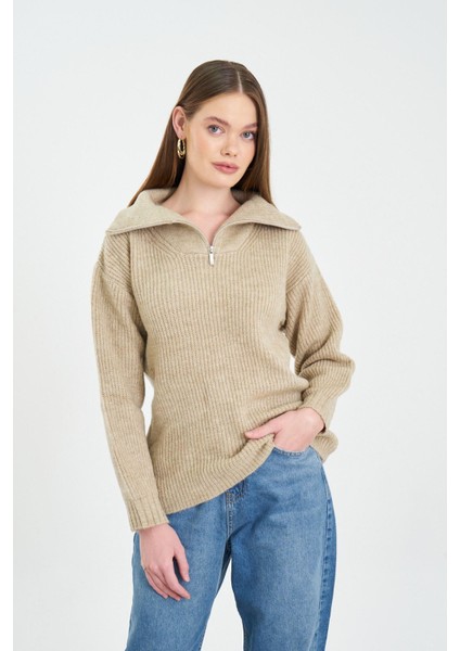 Fermuarlı Triko Kazak-Bej fiyatları