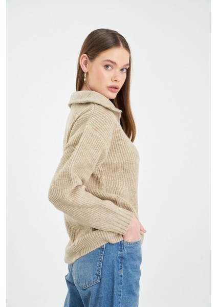 Fermuarlı Triko Kazak-Bej modelleri