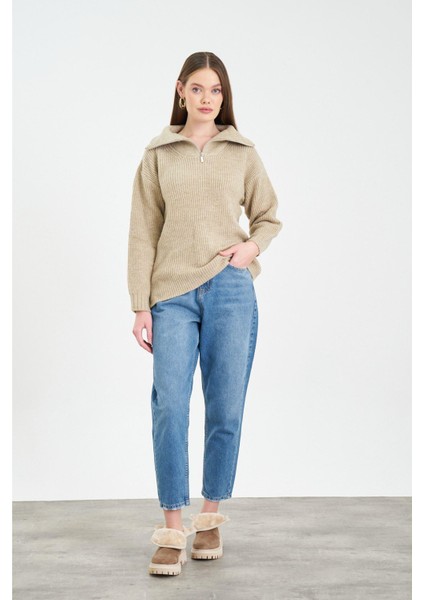 Fermuarlı Triko Kazak-Bej fırsatları