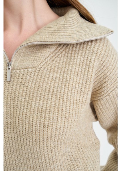 Fermuarlı Triko Kazak-Bej indirimleri