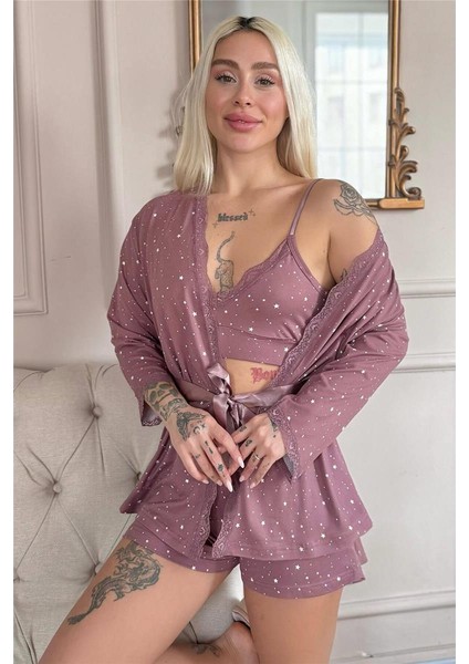 Koyu Pembe Stars Desenli Bambu Crop Sabahlıklı Şortlu Kadın Pijama Takımı