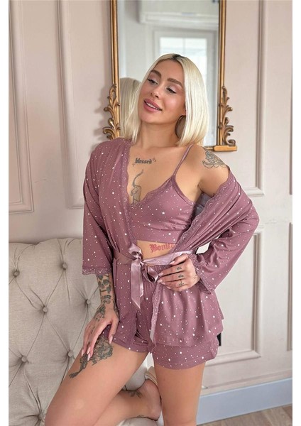Koyu Pembe Stars Desenli Bambu Crop Sabahlıklı Şortlu Kadın Pijama Takımı