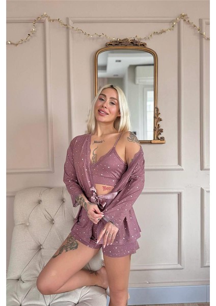 Koyu Pembe Stars Desenli Bambu Crop Sabahlıklı Şortlu Kadın Pijama Takımı