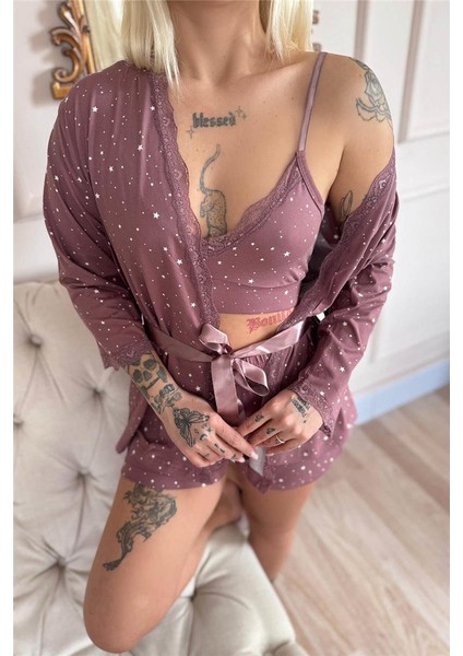 Koyu Pembe Stars Desenli Bambu Crop Sabahlıklı Şortlu Kadın Pijama Takımı
