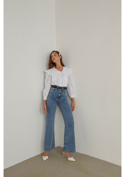 Ika 90's Koyu Mavi Kar Yüksek Bel Palazzo Wide Leg Jean Kadın Likra Toparlayıcı Kot fiyatları