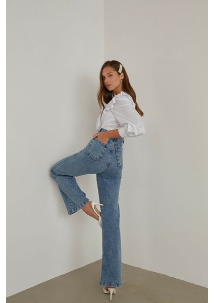 Ika 90's Koyu Mavi Kar Yüksek Bel Palazzo Wide Leg Jean Kadın Likra Toparlayıcı Kot indirimleri