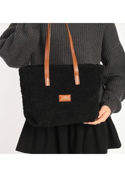 Kadın Peluş Çift Saplı Omuz Çantası Pofuduk Kürklü Teddy Tote Bag El Kol ve Omuz Çantası