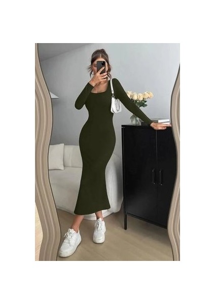 Haki Kare Yaka Uzun Kollu Esnek Uzun Elbise