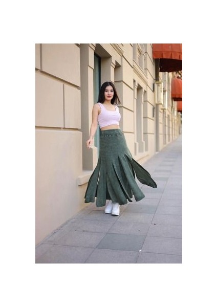 Etnik Bohem ve Otantik Tarz Taşlanmış Bel Lastikli Standart Beden Tasarım Astarlı Pamuk Triko Etek