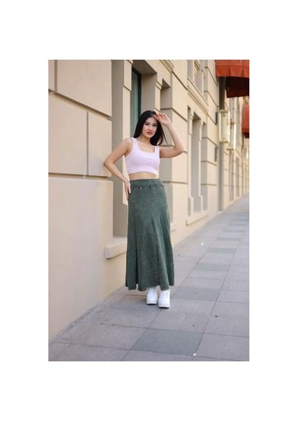 Etnik Bohem ve Otantik Tarz Taşlanmış Bel Lastikli Standart Beden Tasarım Astarlı Pamuk Triko Etek fiyatları