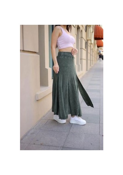 Etnik Bohem ve Otantik Tarz Taşlanmış Bel Lastikli Standart Beden Tasarım Astarlı Pamuk Triko Etek indirimleri