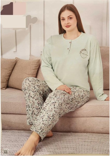 Pamuklu Uzun Kollu Anne Pijama Takımı 6508 Yeşil