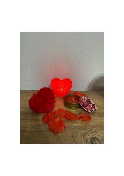 Romantik Kalp Set Masa Lambası & Peluş Anahtartık & Kokulu Romantik Kapaklı El Yapımı Mum ❤️ indirimleri