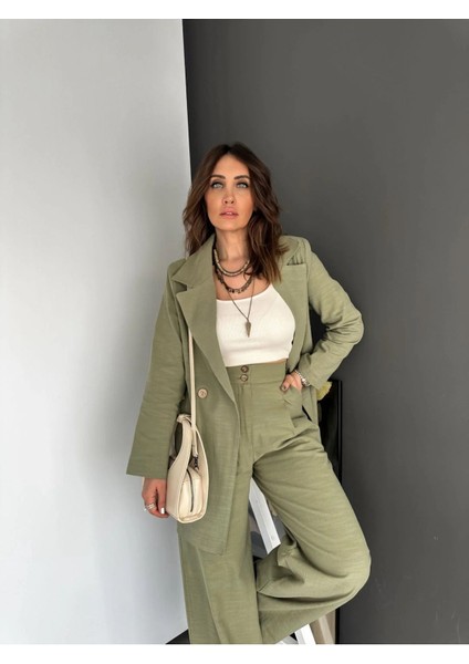 Kadın Kapak Cepli Bol Pantolonlu Kruvaze Keten Takım