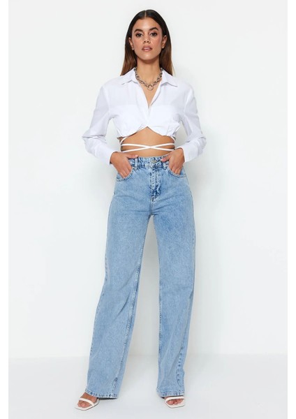 Mavi Kar Yıkama Likralı Kadın Süper Yüksek Bel Bol Paça Denim Kot Palazzo (1 Beden Büyük Alınız)
