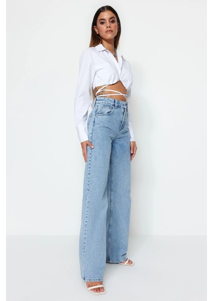 Mavi Kar Yıkama Likralı Kadın Süper Yüksek Bel Bol Paça Denim Kot Palazzo (1 Beden Büyük Alınız) fırsatları