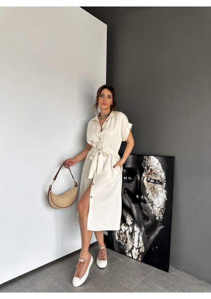 Egzotik Asortik Kadın Kısa Kollu Beli Lastikli Full Düğmeli Gömlek Elbise modelleri