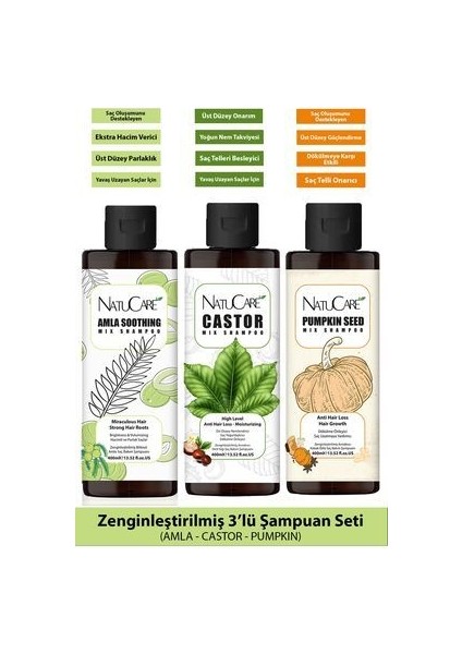 Zenginleştirilmiş 3'lü Şampuan 400 ml Amla - Castor – Pumpkin