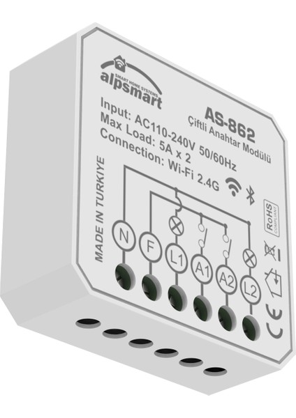 AS-862 Akıllı Wi-Fi Çiftli Duvar Anahtarı Modülü Tuya Uyumlu