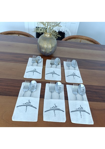 "hiç" Sembolü Işlemeli Kaşıklık Servis Sunum 6 Kişilik Tasarım Çatal Bıçak Kılıfı