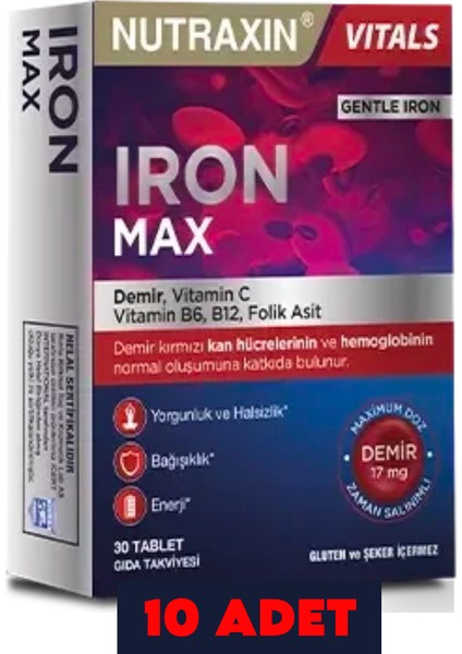 Iron Max Demir, Vitamin C, Vitamin B12 Içeren Takviye Edici Gıda 30 Tablet 10 Adet