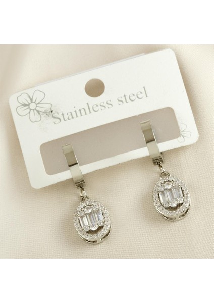 Baget Taşlı Lüks Çelik Küpe