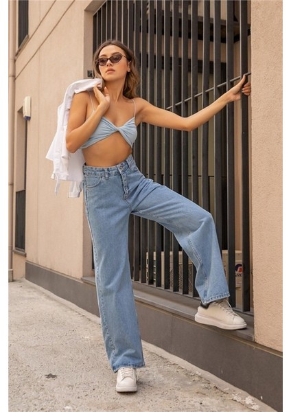 Zero Max Kar Yıkama Wide Leg Salaş Bol Paça Kadın Jeans Pantolon Jean