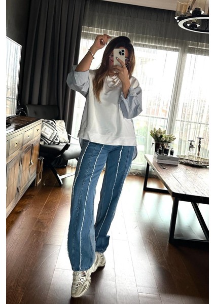 Bebe Plus Kadın Kontrast Renkli Jean Pantolon Mavi
