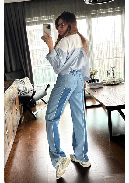 Bebe Plus Kadın Kontrast Renkli Jean Pantolon Mavi