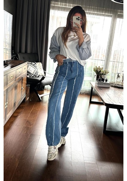 Bebe Plus Kadın Kontrast Renkli Jean Pantolon Mavi