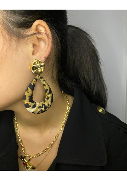Kumaş Dokulu Vip Damla Model Leopar Desenli Küpe