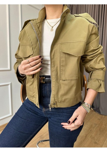 Keyymod Kadın Çift Cep Apolet Detaylı Dik Yaka Oversize Astarlı Mont