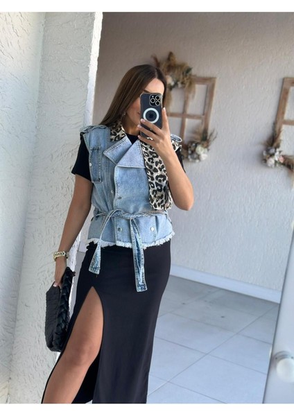Jeans Kadın Sırtı Leopar Ön Yarısı Leopar Mixli Jean Yelek