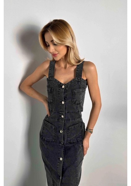 Sagi Kadın Full Düğmeli Tasarım Askılı Denim Elbise fırsatları