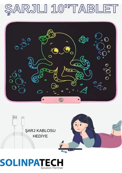 10''Inch Şarj Edilebilir Dijital Kalemli Yazı Çizim Yazma Tableti (Usb Kablo Hediye) Pembe