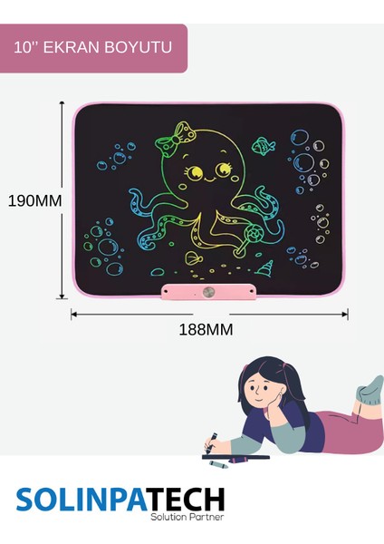 10''Inch Şarj Edilebilir Dijital Kalemli Yazı Çizim Yazma Tableti (Usb Kablo Hediye) Pembe